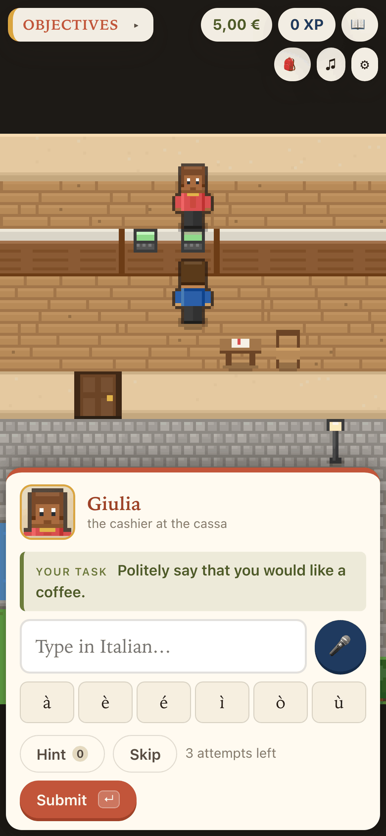 A task from Giulia: politely say that you would like a coffee. Below it, a field to type in Italian and a microphone button.