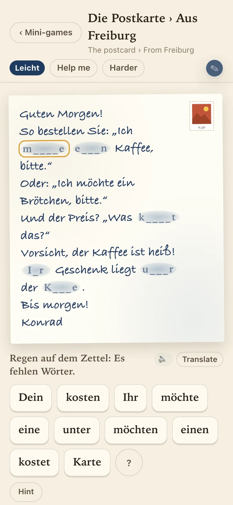 Die Postkarte in German: Konrad's handwritten note about ordering coffee and a roll, with some words washed out, and tiles to choose the missing words from.