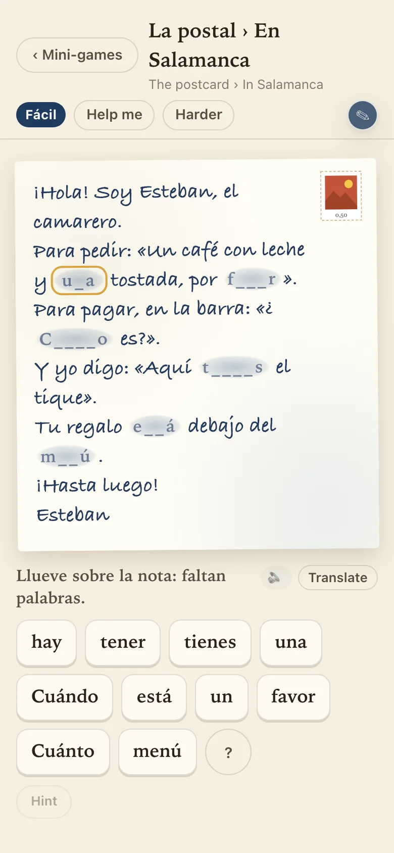 La postal in Spanish: Esteban's handwritten note about ordering a café con leche, with some words washed out, and tiles to choose the missing words from.