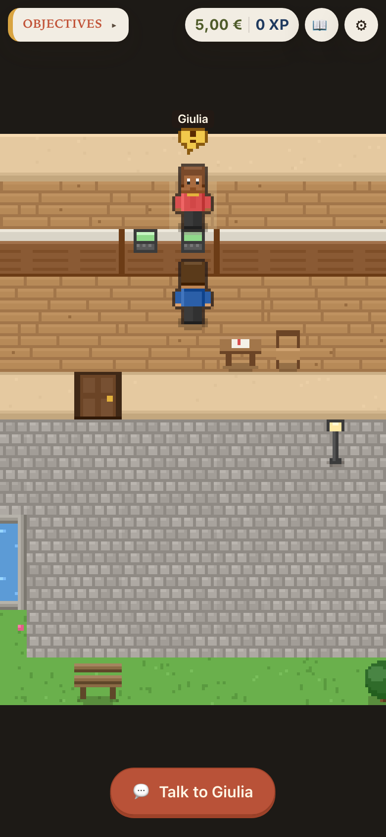 The game seen from above: the player stands at a café counter facing Giulia, the cashier, with a button that says Talk to Giulia.